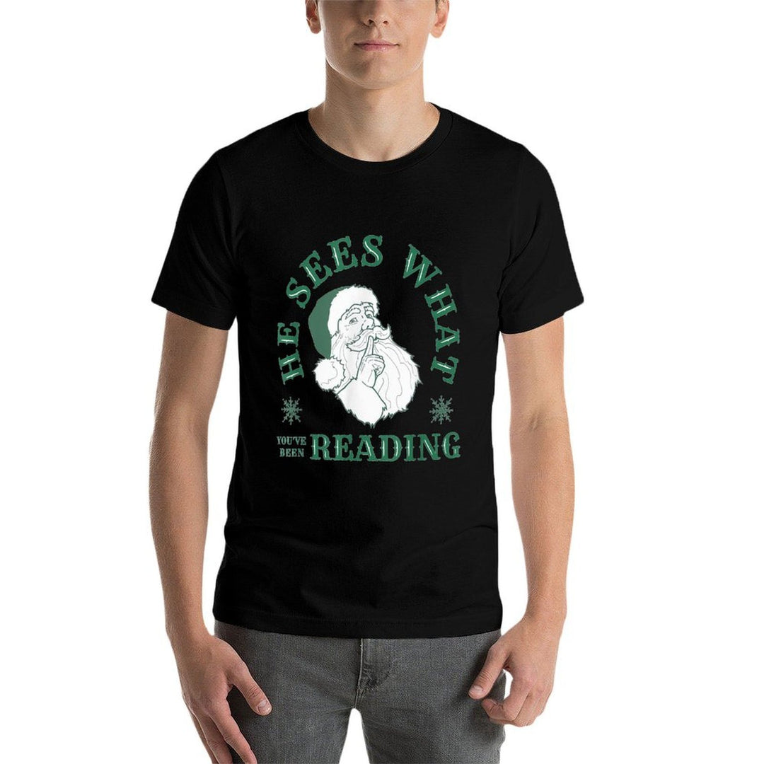 He Sees What Youve Been Reading Funny Bookish Christmas  Rolled Sleeves T-Shirt