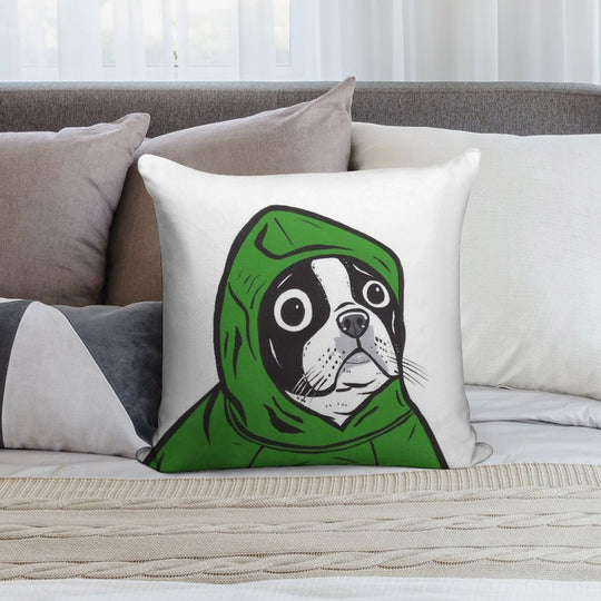 Boston Terrier Green Hoodie Soft Multiple Sizes Throw Pillow