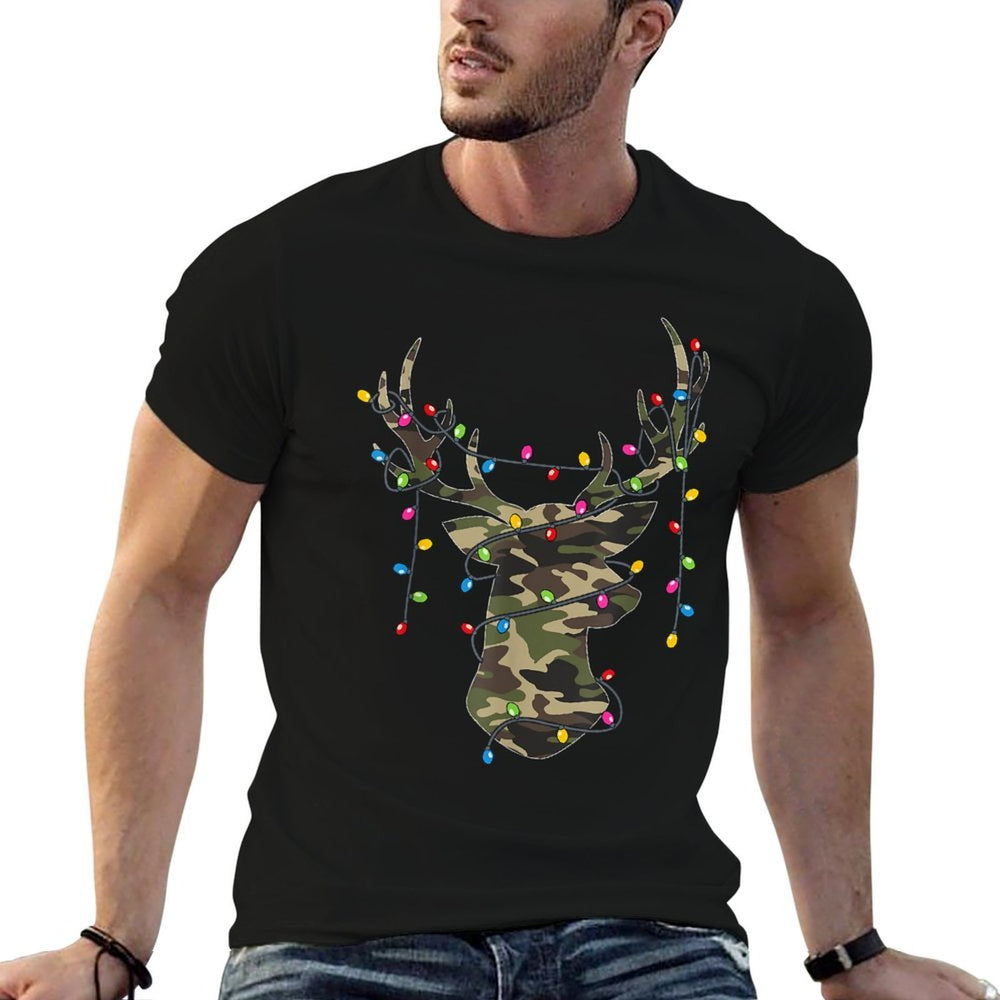 Christmas Holiday Camo Hunting Reindeer Deer Xmas Lights  Ribbed Collar T-Shirt