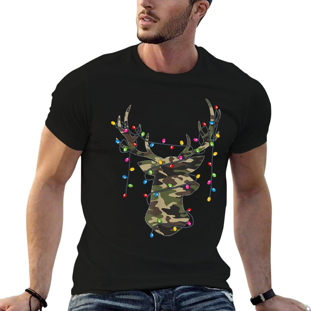 Christmas Holiday Camo Hunting Reindeer Deer Xmas Lights  Ribbed Collar T-Shirt