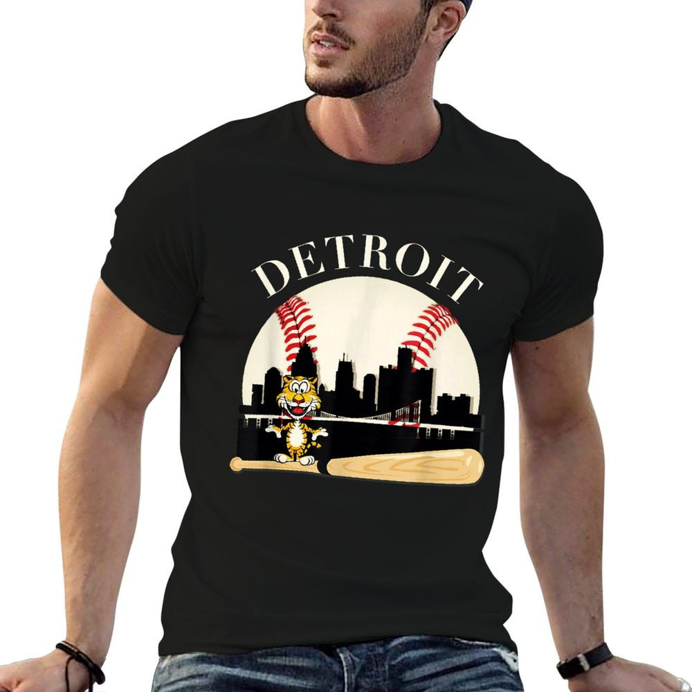 Detroit Baseball Tshirt Tiger Mascot And Skyline Design  Classic T-Shirt