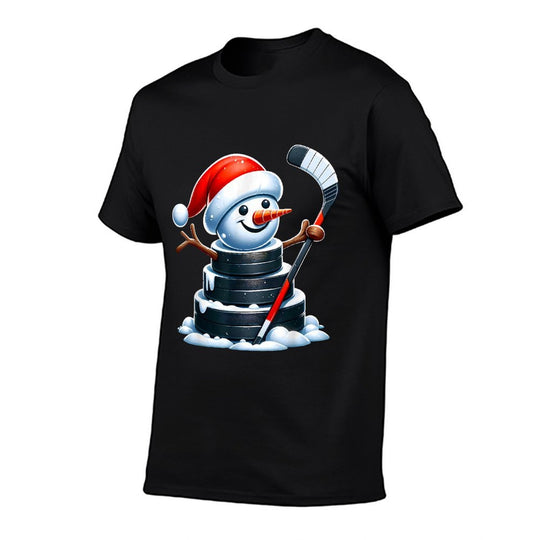 Cartoon Ice Hockey Puck Snowman with Santa Hat Christmas  Affordable Price T-Shirt
