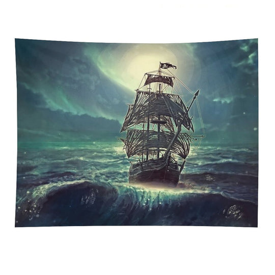 Ghost Pirate Ship at Night Tapestry