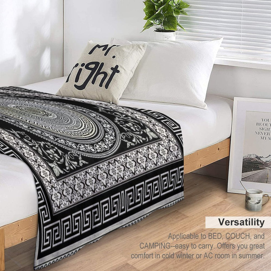 Greek Key Meander Black Cream Ornate Medallion Machine-washable Throw Blanket