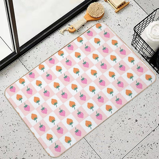 Checkered Pattern with Strawberries  Non-Slip Bath Mat