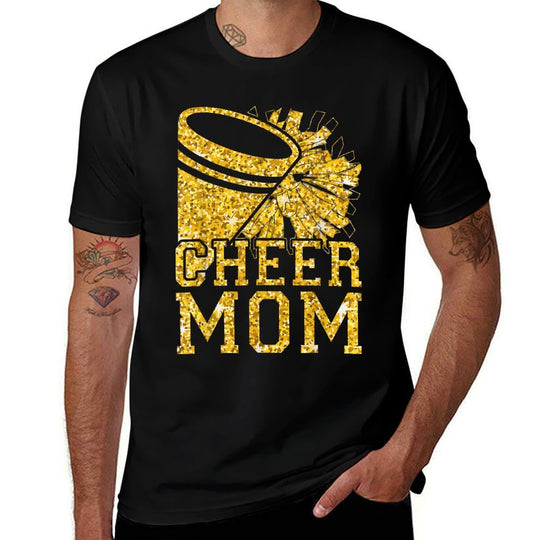 Cheer Mom Biggest Fan Cheerleader Black Yellow Pom Pom  Summer-ready Fabric T-Shirt