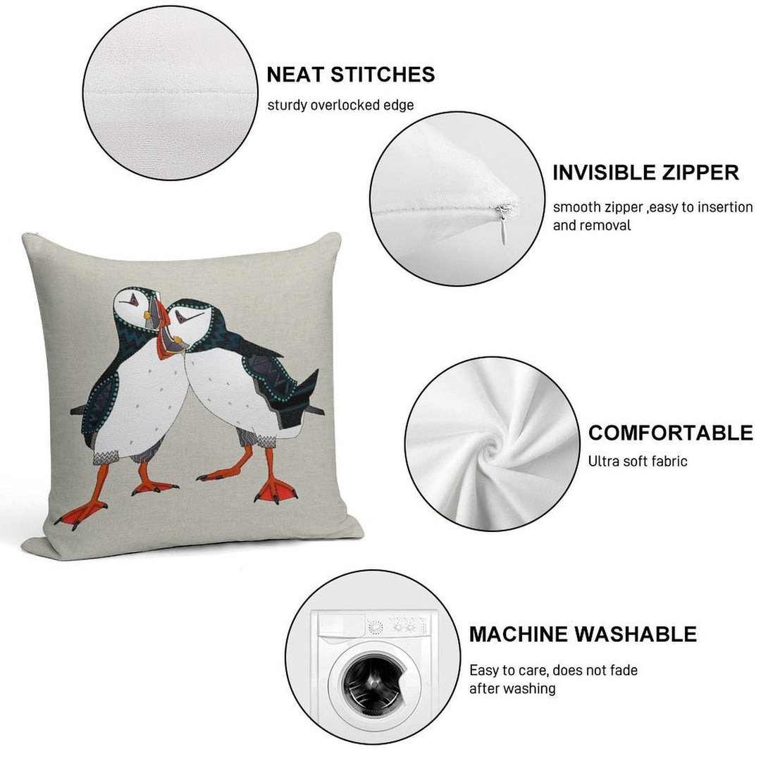 Puffin Pair Warm Grey Soft Decorative Cover Throw Pillow