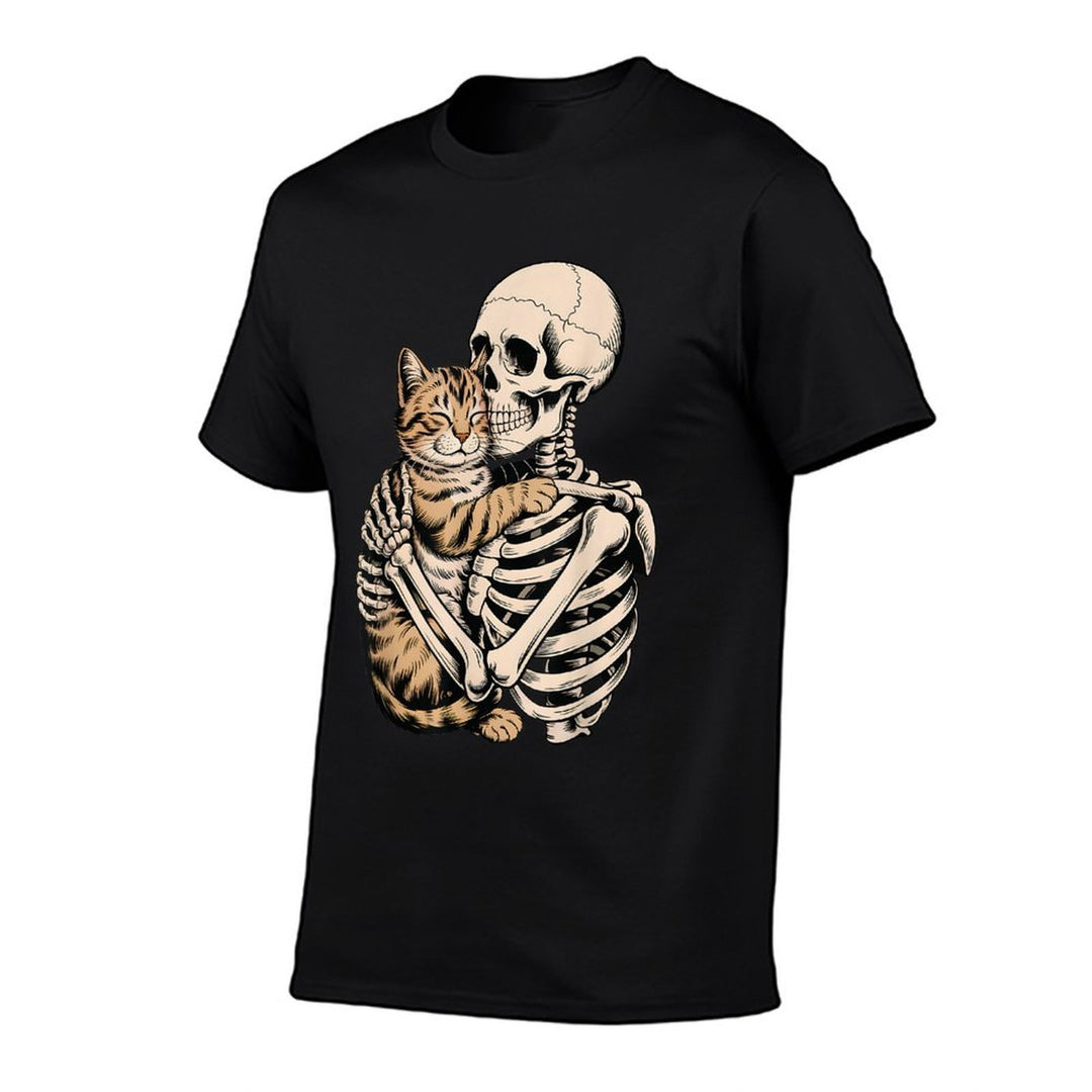 Skeleton Hugging Cat Halloween Funny Cat Lover Cat Mom Dad  Stretchy T-Shirt