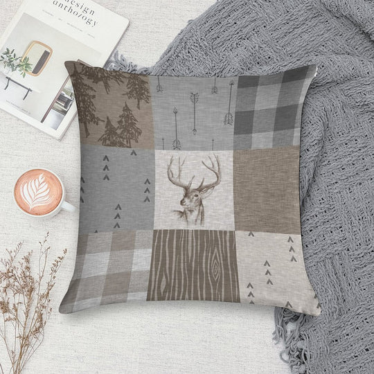 Deer Patchwork - Rustic Neutrals Soft Hidden Zipper Throw Pillow