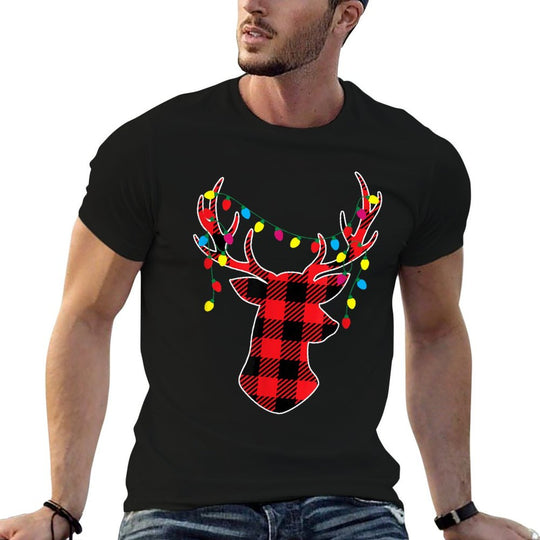 Red Black Christmas Gifts Buffalo Plaid Deer Women Men Kids  Ribbed Collar T-Shirt