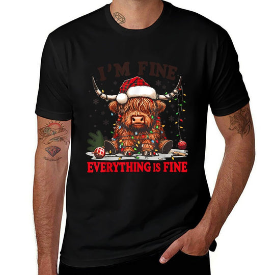 Im Fine Everything Is Fine Funny Christmas Highland Cow  Odor-resistant T-Shirt