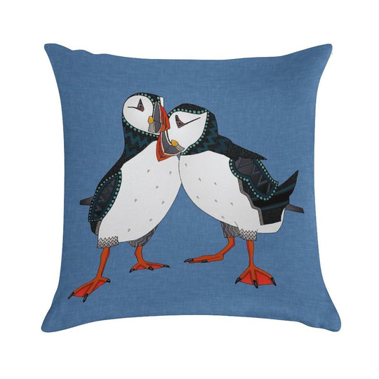Puffin Pair Blue Soft Decorative Cover Throw Pillow