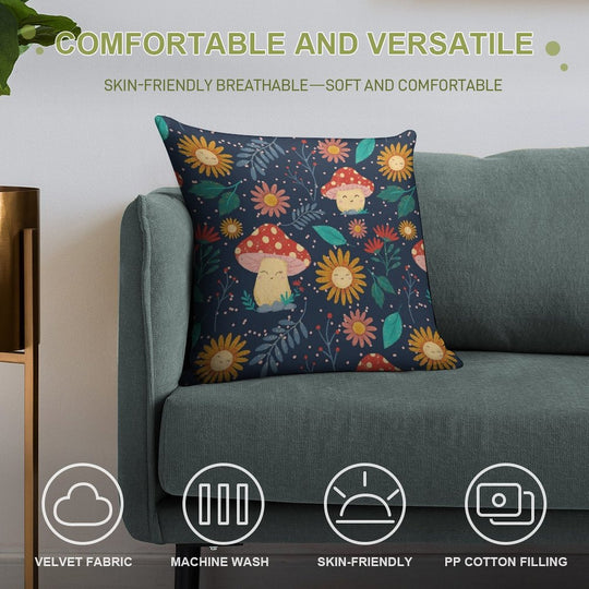Floral Cute Mushrooms Soft High-Density Material Throw Pillow