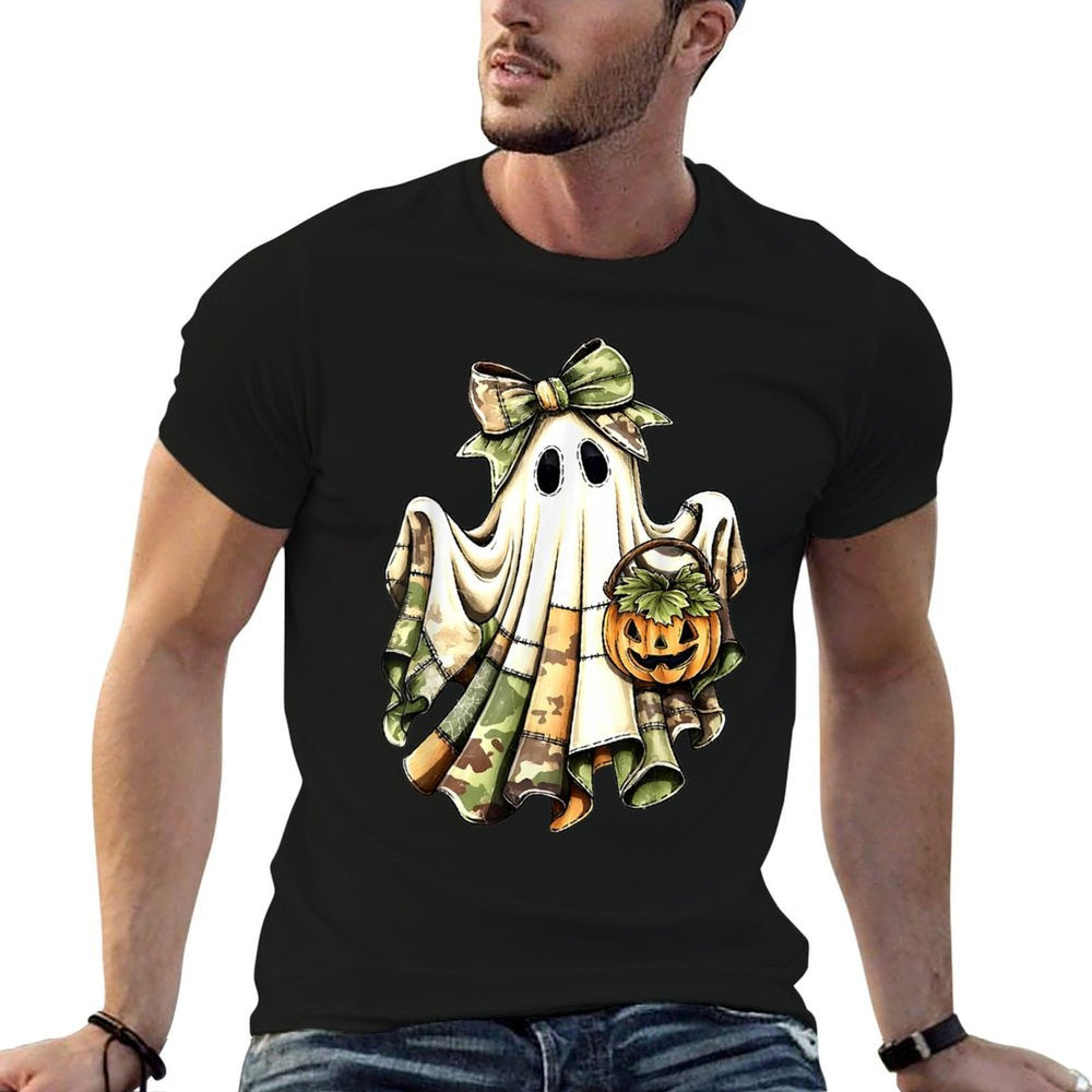 Halloween Green Camo Ghost Patchwork Camouflage Girl Women  Rolled Sleeves T-Shirt