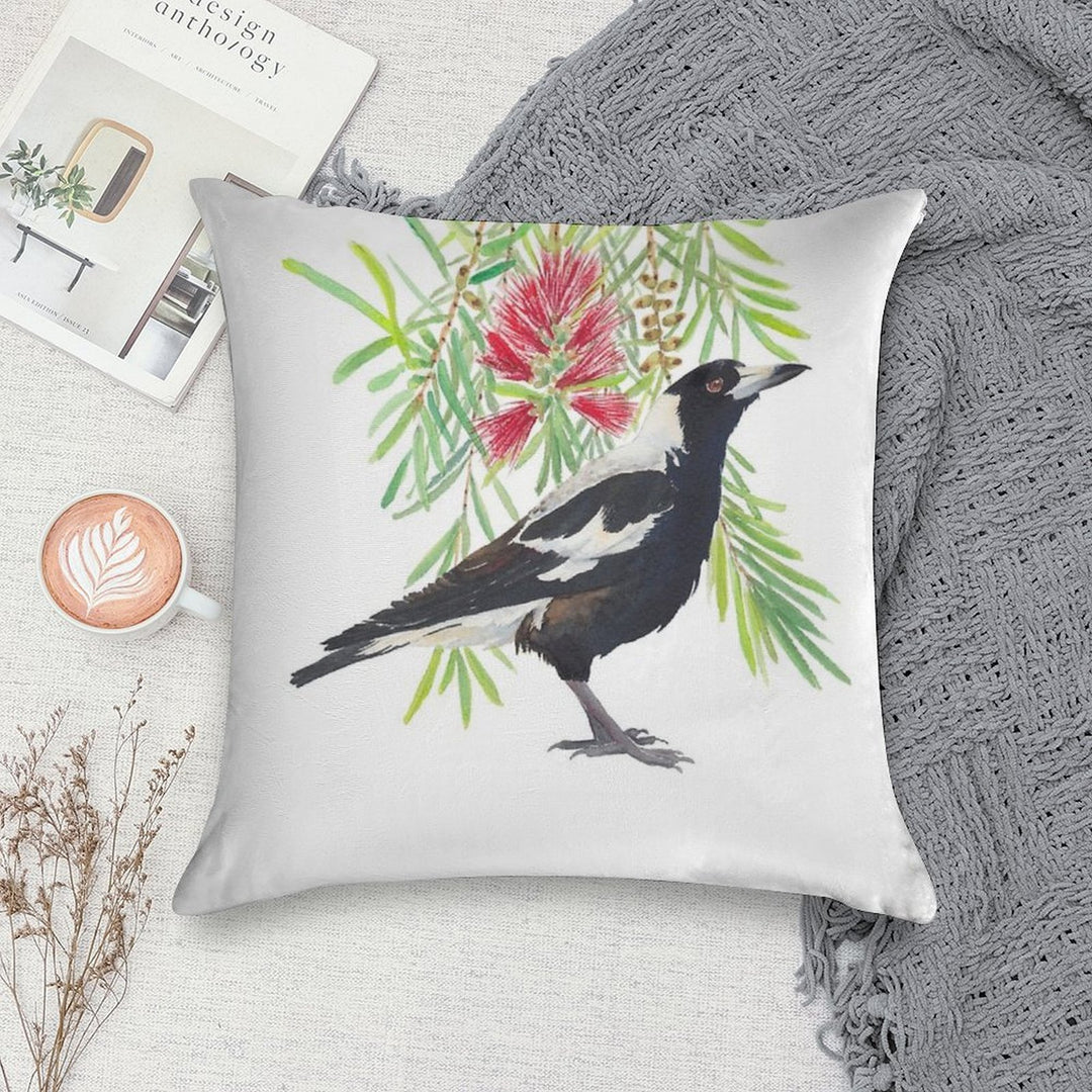 Australian Magpie And Bottlebrush Tree Branch with Red Flowers Watercolour Soft Easy Maintenance Throw Pillow