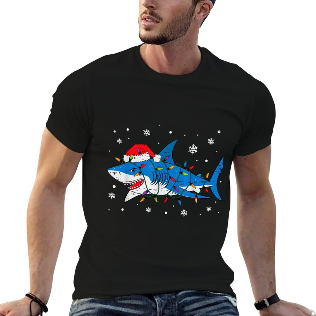 Shark Santa Hat Christmas Lights Xmas Pajama Men Women Kids  Versatile T-Shirt