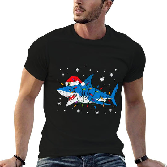 Shark Santa Hat Christmas Lights Xmas Pajama Men Women Kids  Versatile T-Shirt