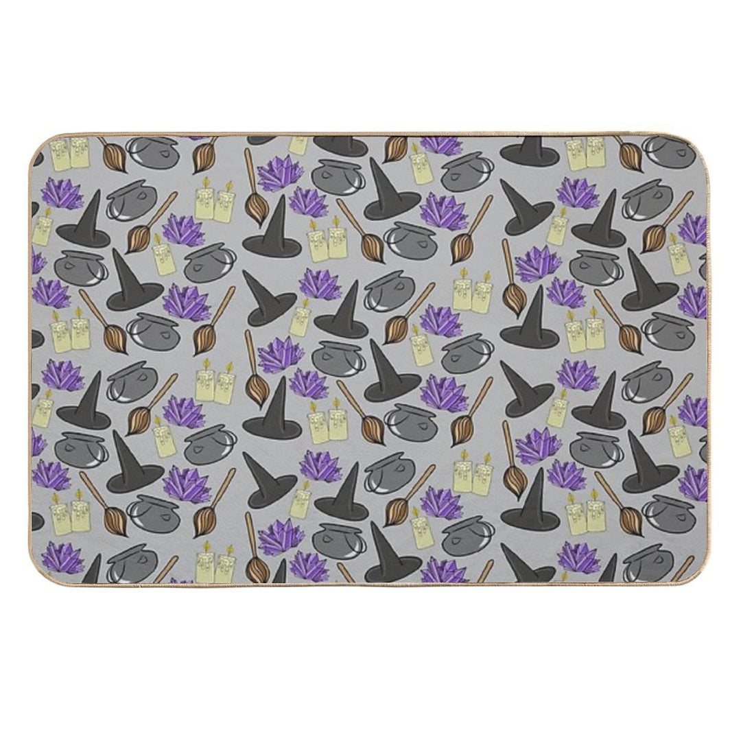 Hand Drawn Spooky Cauldrons,Broomsticks,Candles, And Witches Hat Cartoon Doodles Pattern, Made by EndlessEmporium  Easy Maintenance Bath Mat