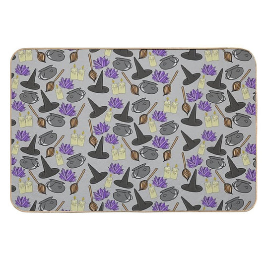 Hand Drawn Spooky Cauldrons,Broomsticks,Candles, And Witches Hat Cartoon Doodles Pattern, Made by EndlessEmporium  Easy Maintenance Bath Mat