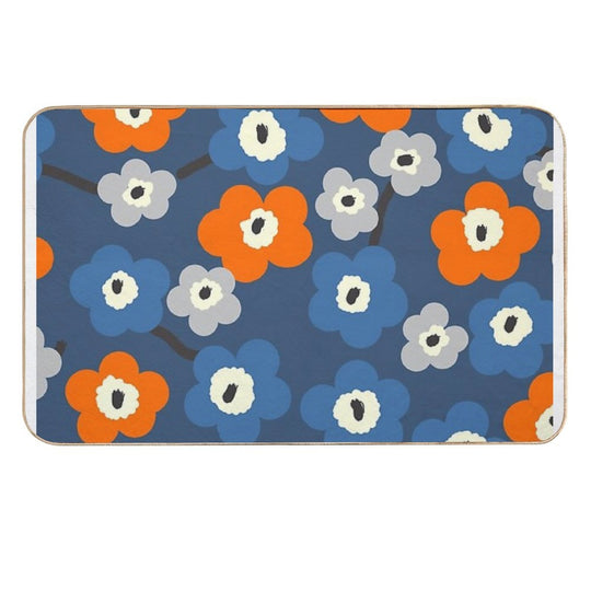Iconic Modern Scandinavian Floral Pattern in Blue And Orange  Easy To Clean Bath Mat