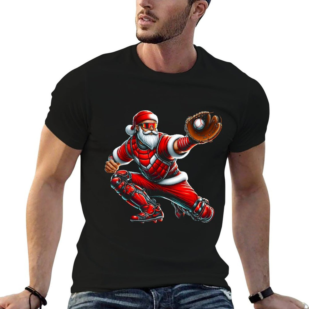 Santa Playing Baseball Catcher Merry Christmas Sport Player  Cotton T-Shirt