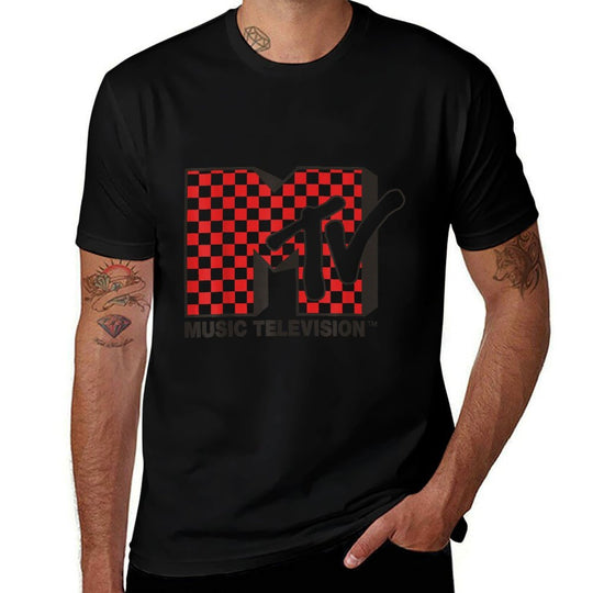 MTV Logo With Red Checkered Print  Summer-ready Fabric T-Shirt
