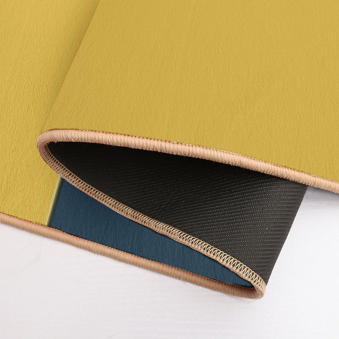 Half Frame Minimalist Geometric Pattern 2 in Mustard Yellow, Navy Blue, And Grey  Repositionable Bath Mat