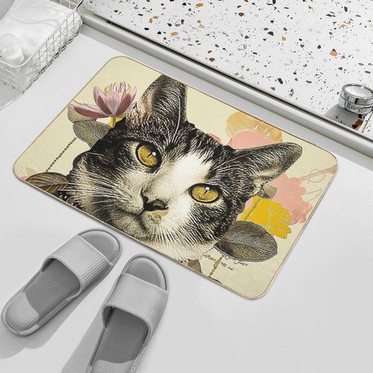 Whimsical Floral Cat Artwork Print  Anti-Trip Bath Mat