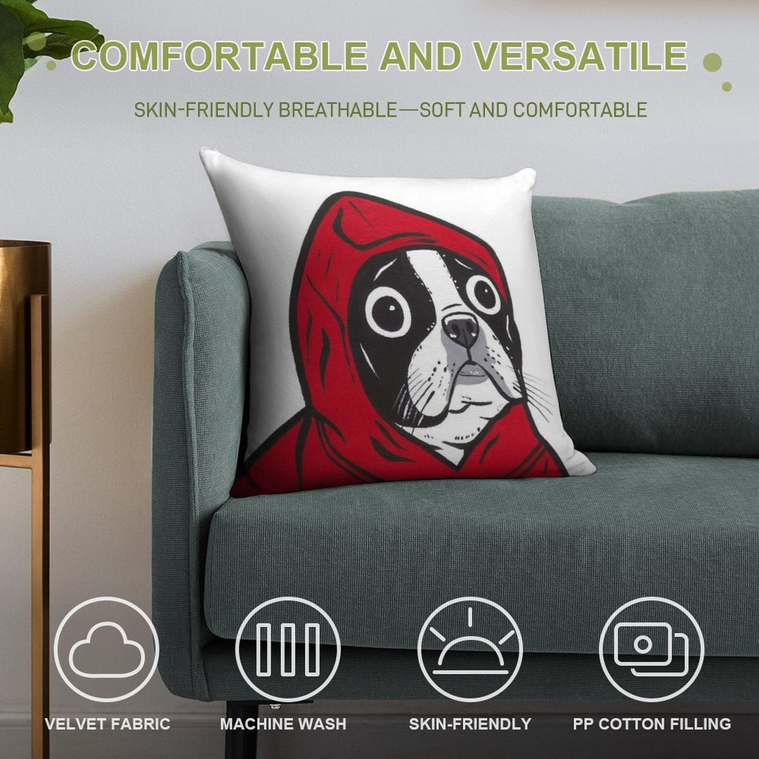Boston Terrier in A Red Hoodie Soft Anti-Pilling Throw Pillow