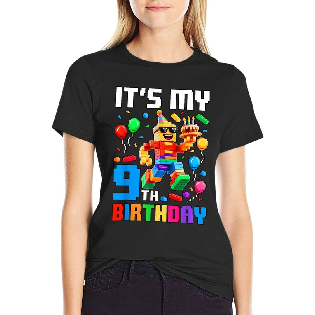 Its My 9th Birthday Building Brick 9 Years Old Boys Kids  Ribbed Collar T-Shirt