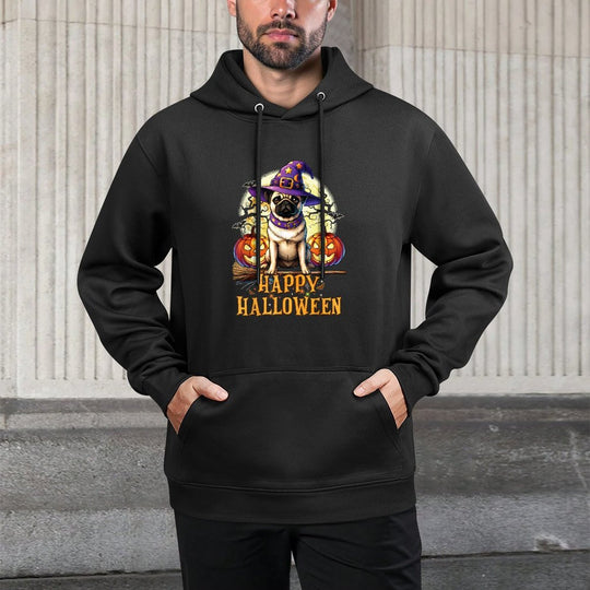 Dog Lovers Cute Pug Celebrating Witch Hat Funny Halloween Breathable Fabric Hoodie