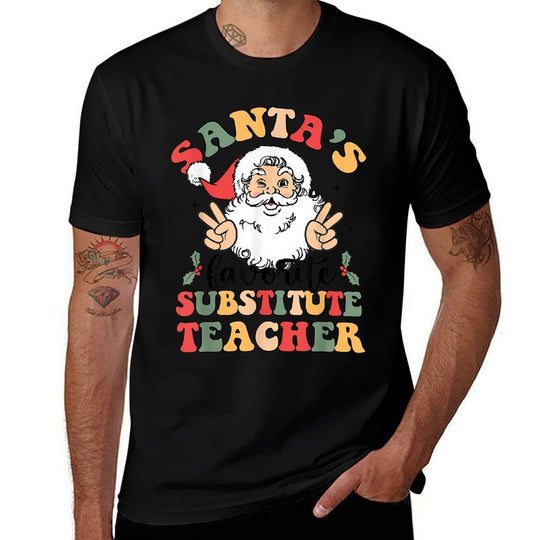 Groovy Santas Favorite Substitute Teacher Funny Christmas  Eco-friendly Material T-Shirt