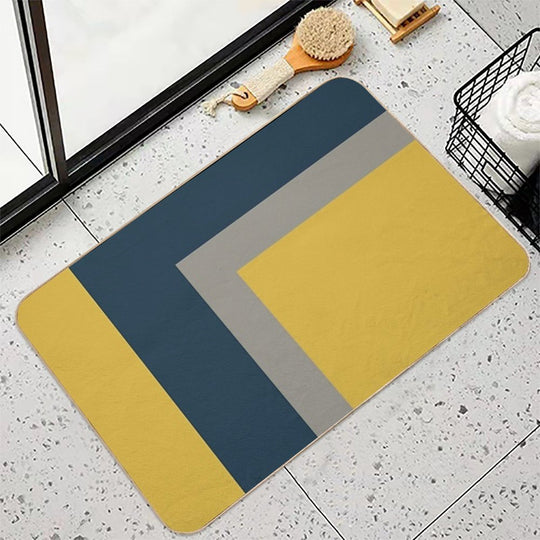 Half Frame Minimalist Geometric Pattern 2 in Mustard Yellow, Navy Blue, And Grey  Repositionable Bath Mat