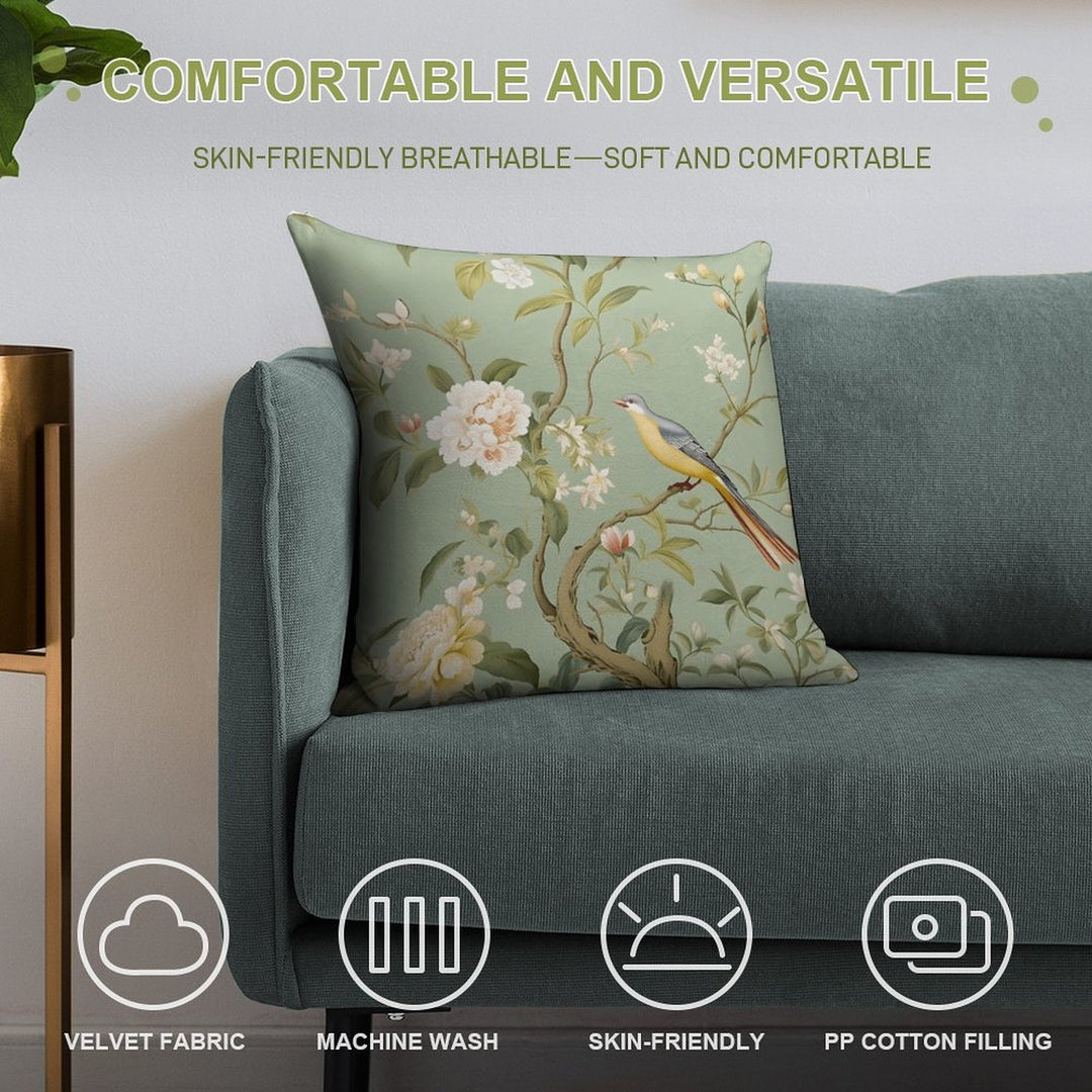 Green Chinoiserie Garden Soft Luxury Feel Throw Pillow