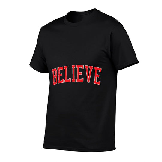 Believe Vintage Distressed Red Varsity Christmas  Graphic-printed T-Shirt