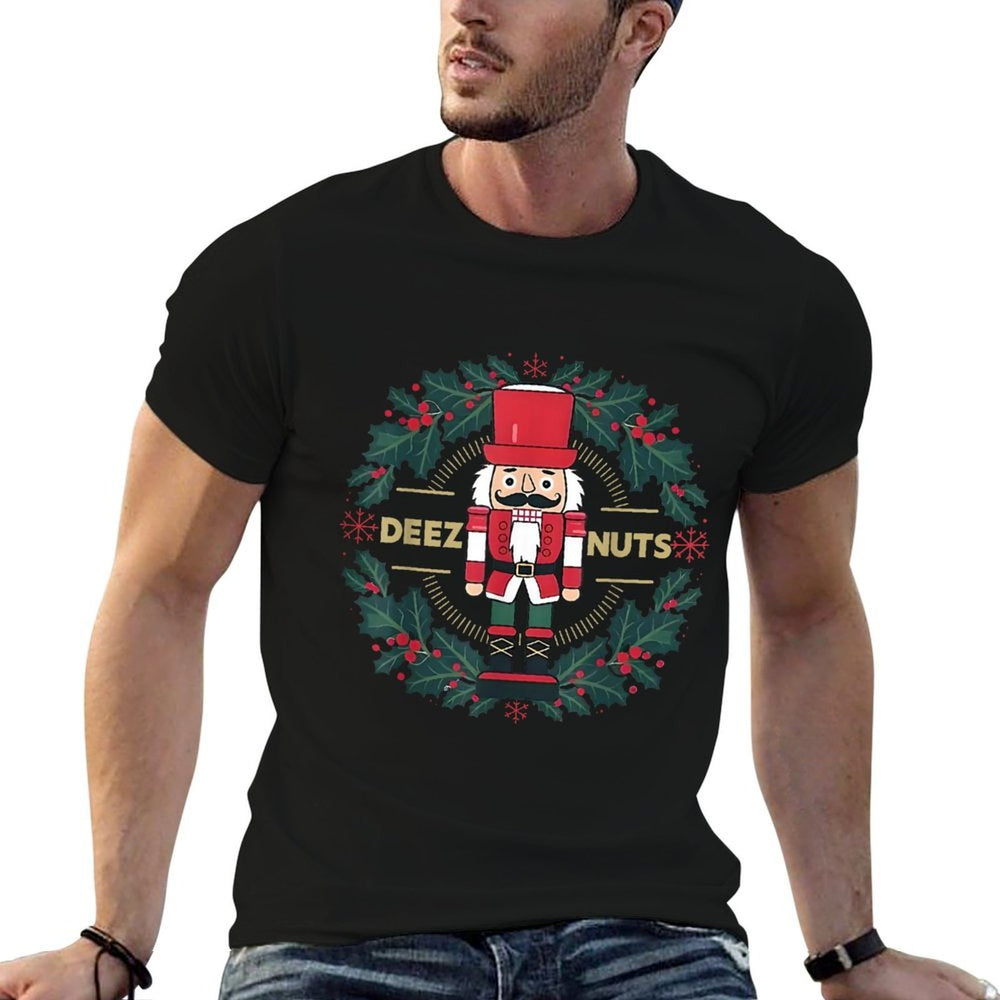 Deez Nuts Funny Xmas Nutcracker Meme Ugly Christmas Sweater  Ribbed Collar T-Shirt
