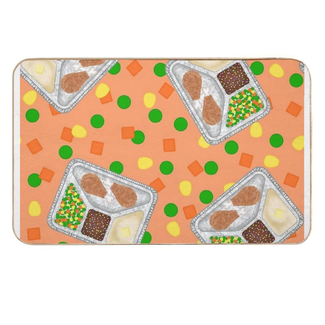 Retro 80’s TV Dinner Tray Food Fried Chicken Peas Corn Carrots On Light Pastel Orange Peach  Rapid-Drying Bath Mat