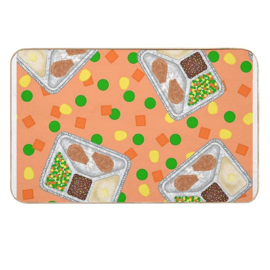 Retro 80’s TV Dinner Tray Food Fried Chicken Peas Corn Carrots On Light Pastel Orange Peach  Rapid-Drying Bath Mat