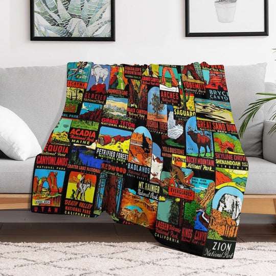 American National Parks Vintage Travel Decal Bomb Versatility Throw Blanket