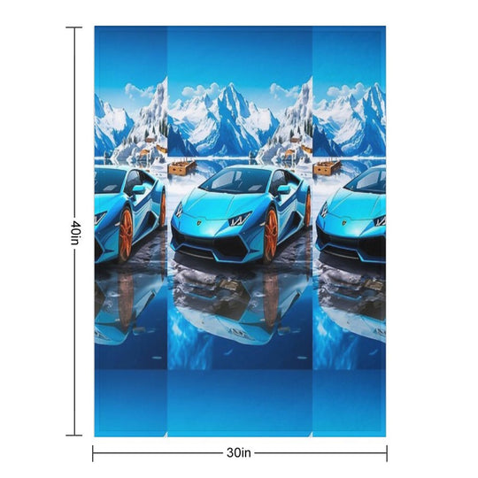 Blue Lamborghini Huracan, Icy Majesty Supercar, Sports Car On Snowy Alpine Backdrop, High Octane Wall Art Sustainable Throw Blanket