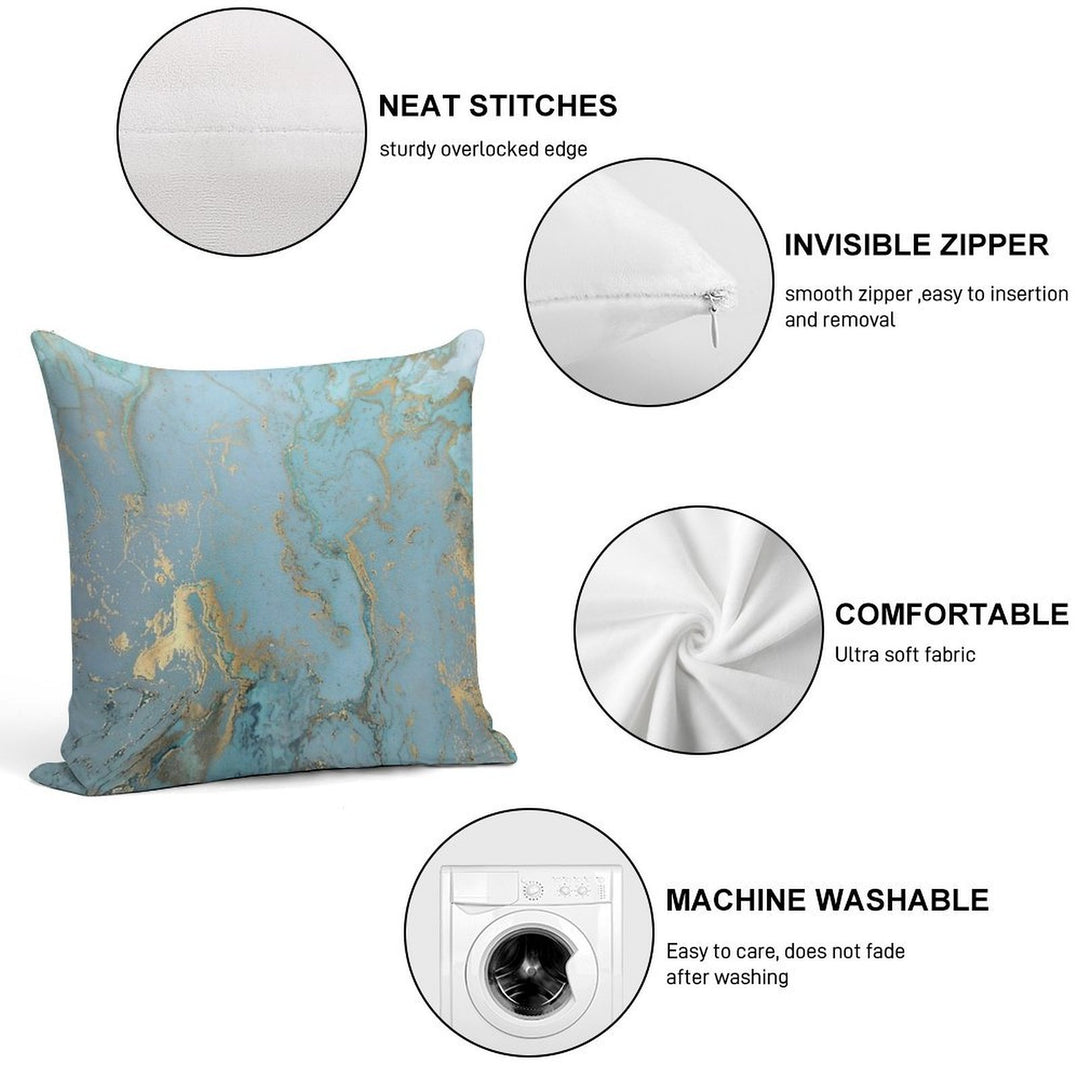 Marble Design - Gold Effect - Turquoise Blue, Teal Marbling Soft Hidden Zipper Throw Pillow