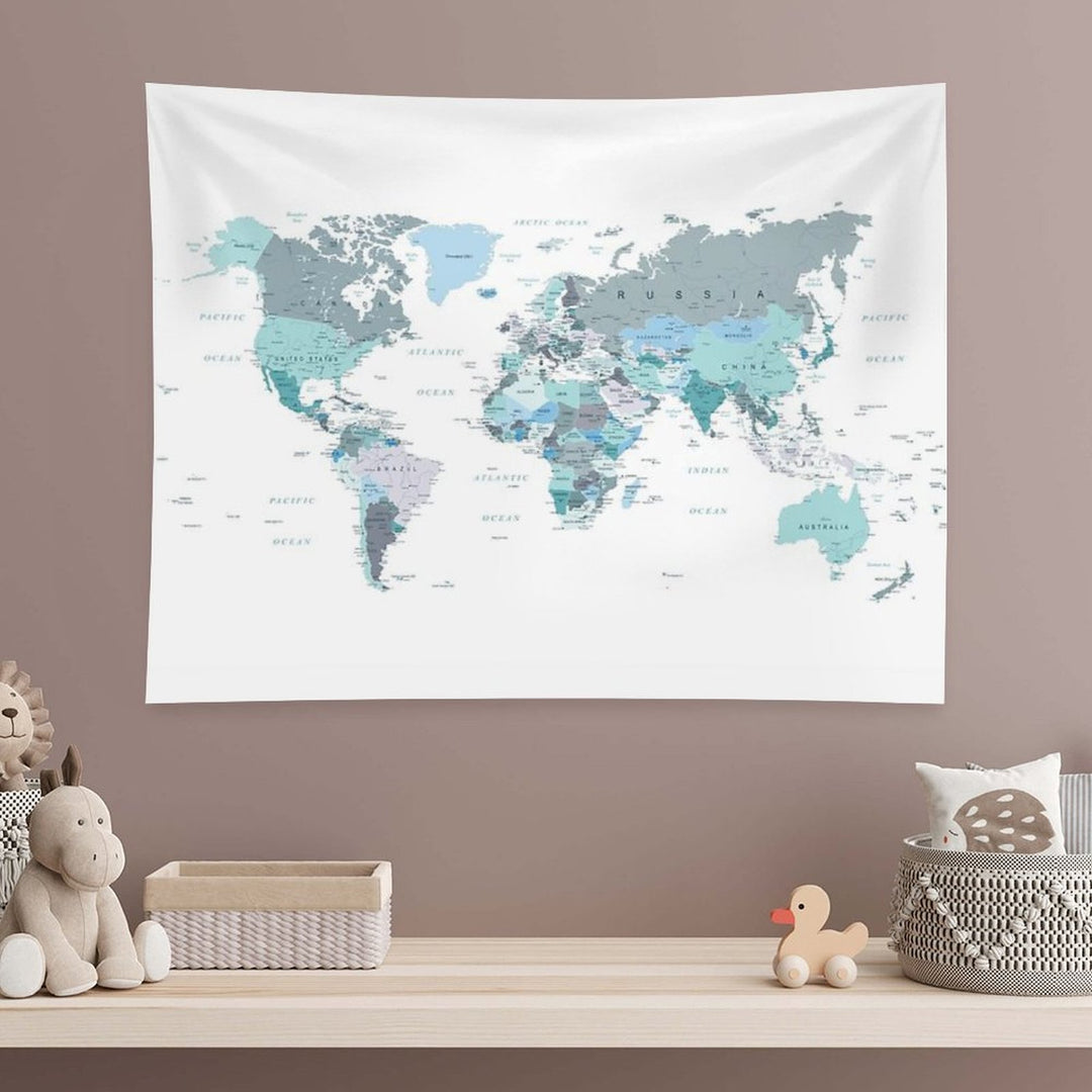 Map of The World in Shades of Teal Tapestry
