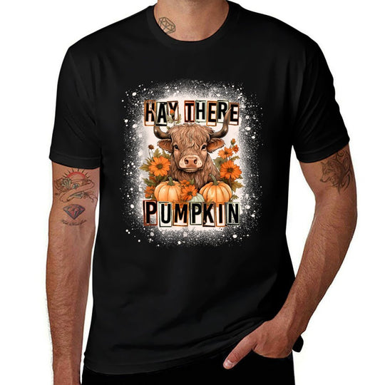 Bleached Hay There Pumkin Highland Cow Fall Autumn  Ribbed Collar T-Shirt