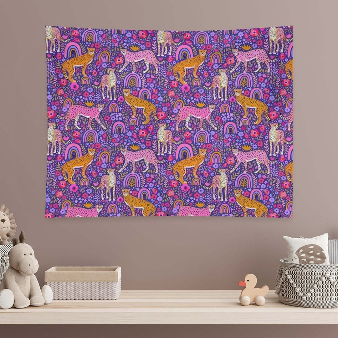 Cheetahs in A Rainbow Garden on Navy Blue Tapestry