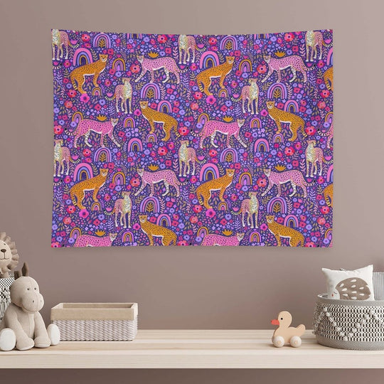 Cheetahs in A Rainbow Garden on Navy Blue Tapestry