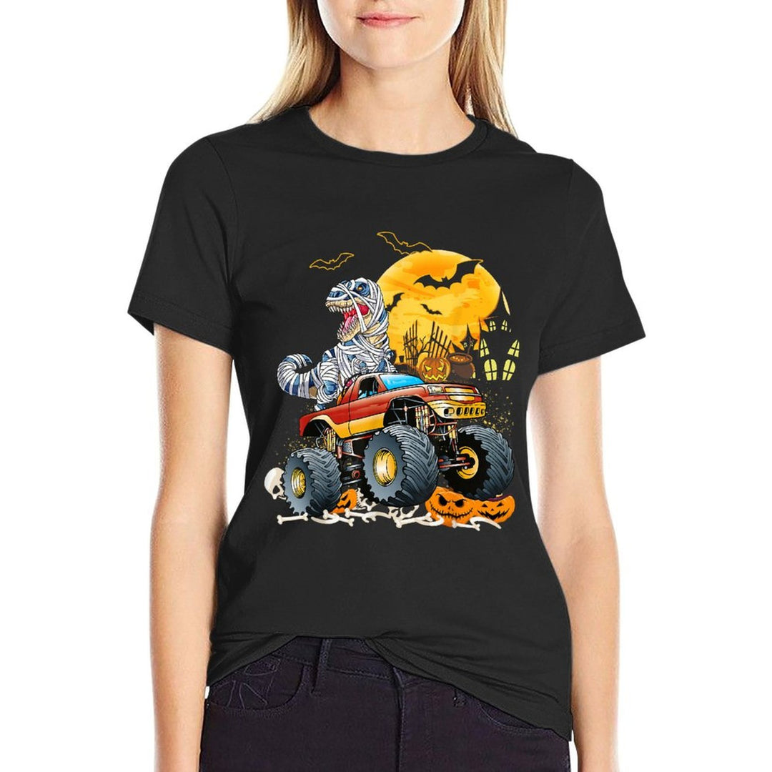 Funny T Rex Saurus Riding Monster Truck Happy Halloween  Oversized Silhouette T-Shirt