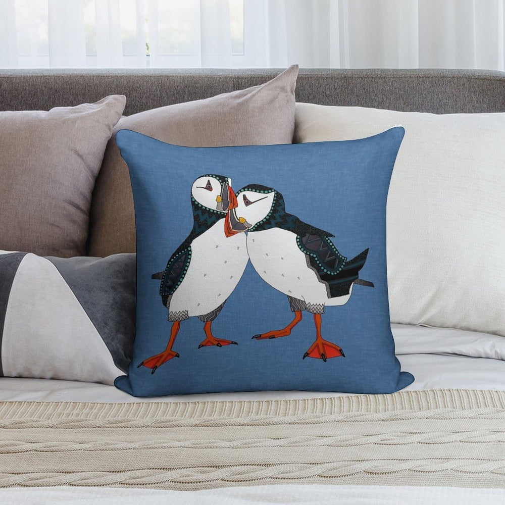 Puffin Pair Blue Soft Decorative Cover Throw Pillow