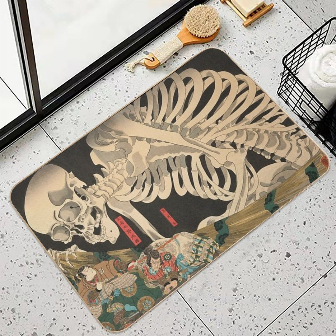 Samurai Fighting Giant Skeleton - Vintage Japanese Ukiyo-e Woodblock.  Multi-Purpose Bath Mat