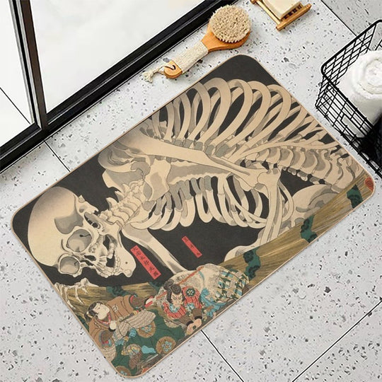 Samurai Fighting Giant Skeleton - Vintage Japanese Ukiyo-e Woodblock.  Multi-Purpose Bath Mat