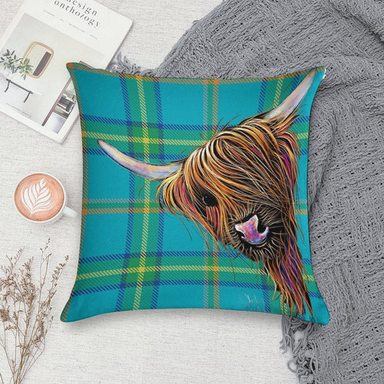 SCoTTiSH HiGHLaND CoW ' TaRTaN NooDLeS B ' by SHiRLeY MacARTHuR Soft Multiple Sizes Throw Pillow